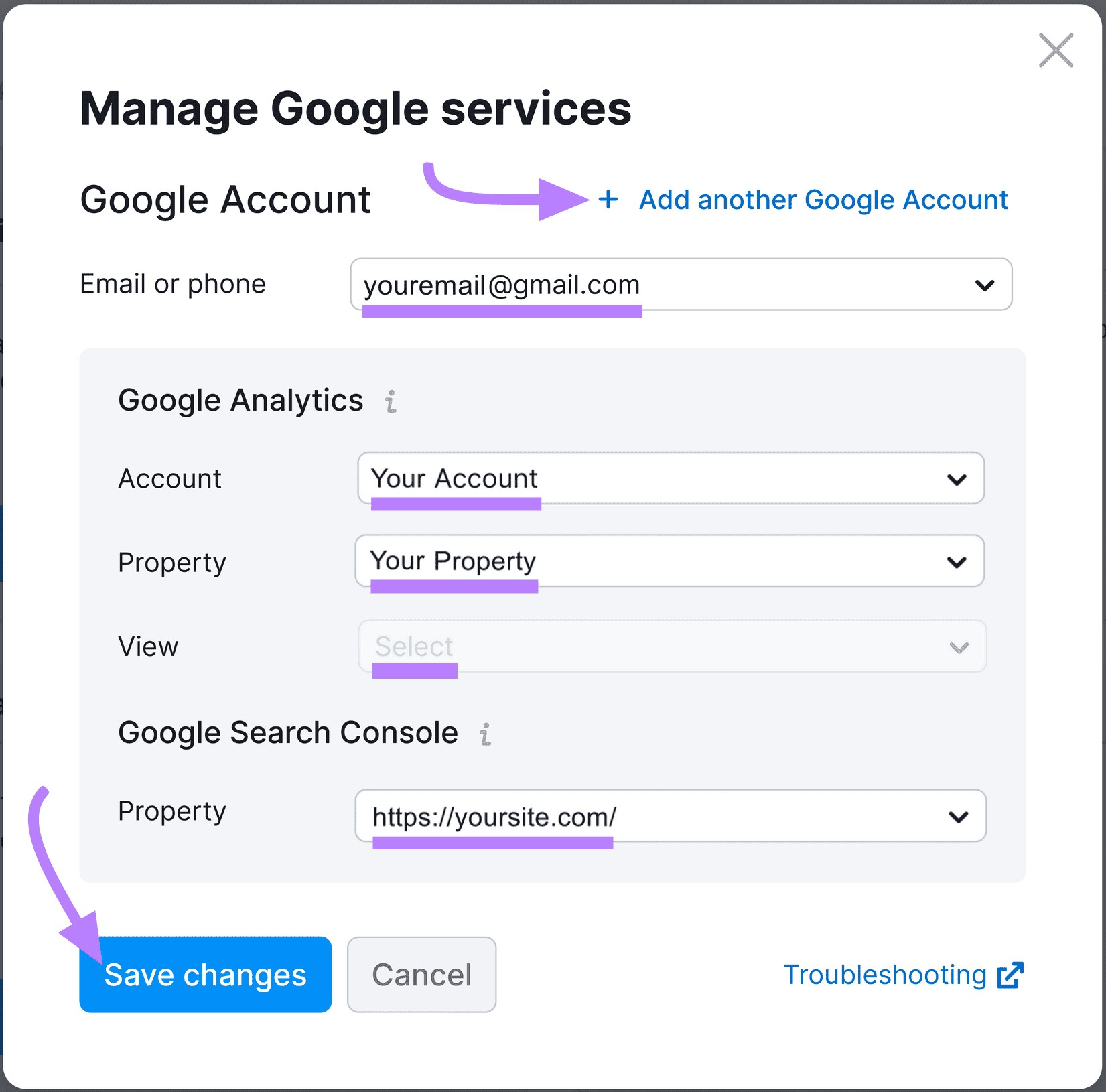 "Manage Google services" pop up window