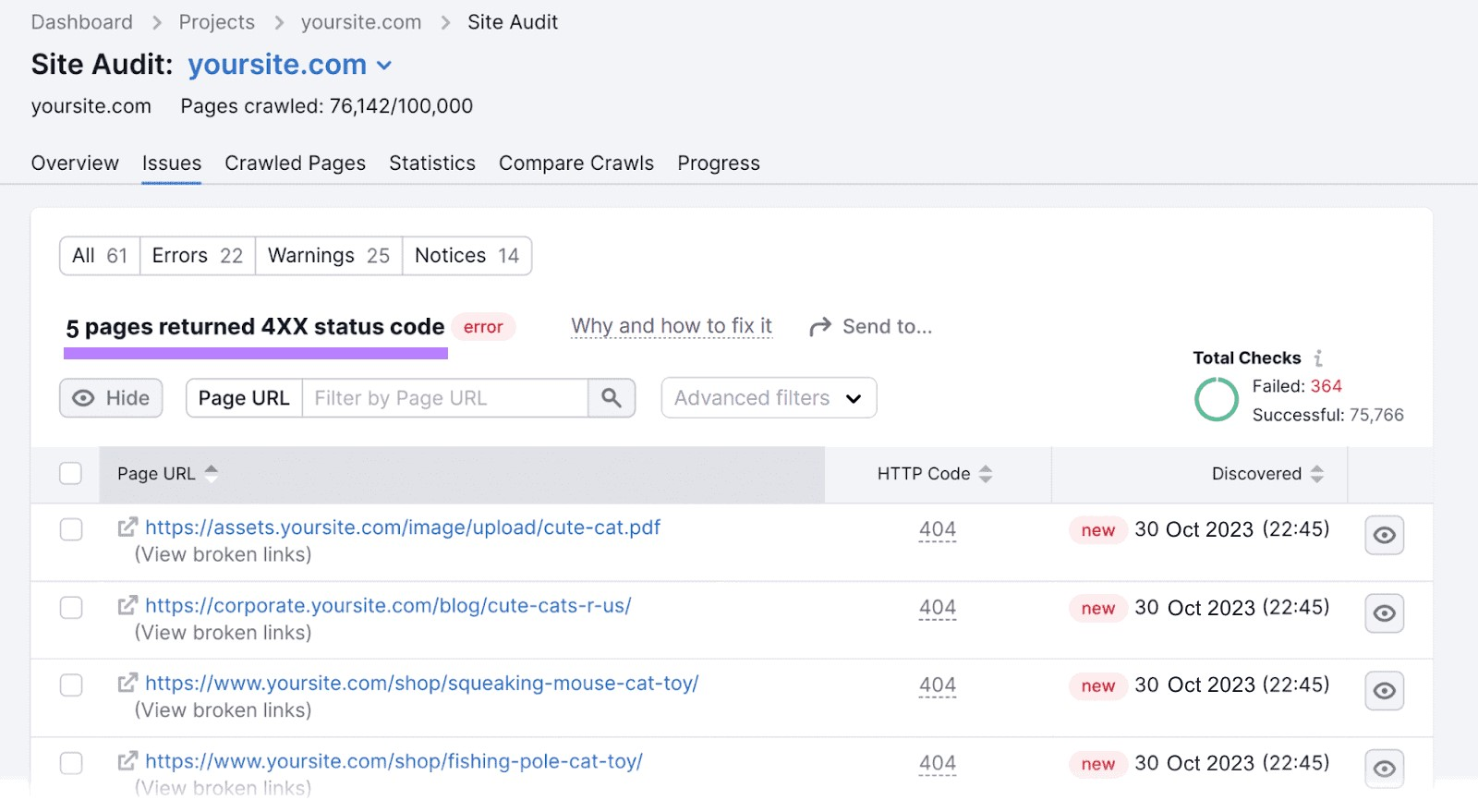"5 pages returned 4XX status code" section under "Issues" tab in Site Audit