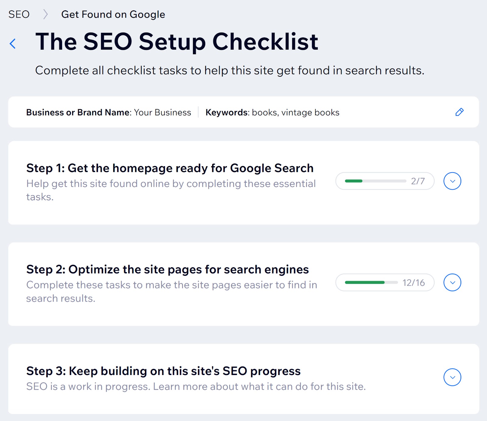 "The SEO Setup Checklist" section in Wix