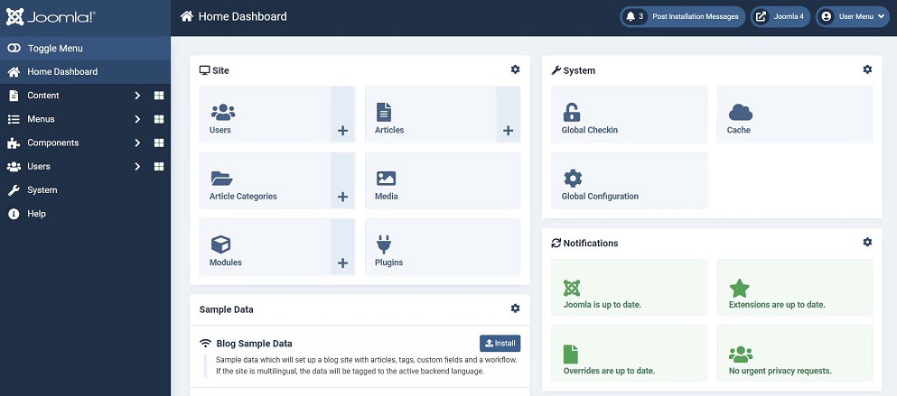 Joomla home dashboard