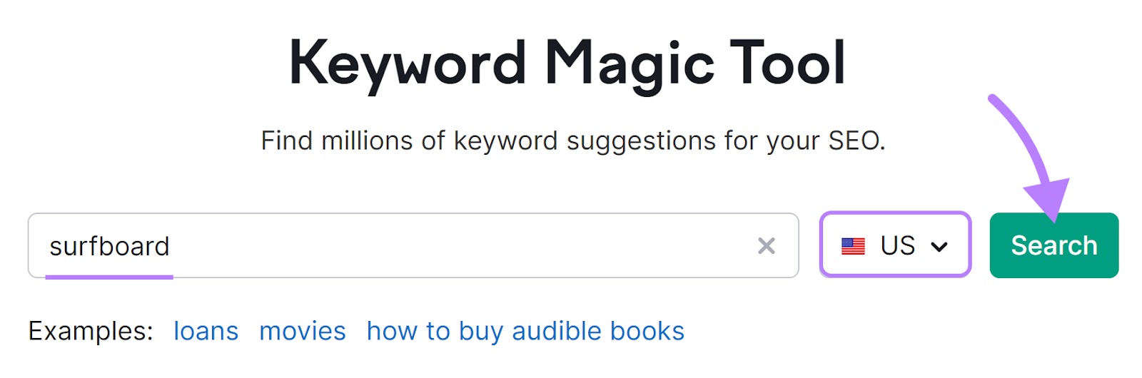 "surfboard" entered into Keyword Magic Tool search bar