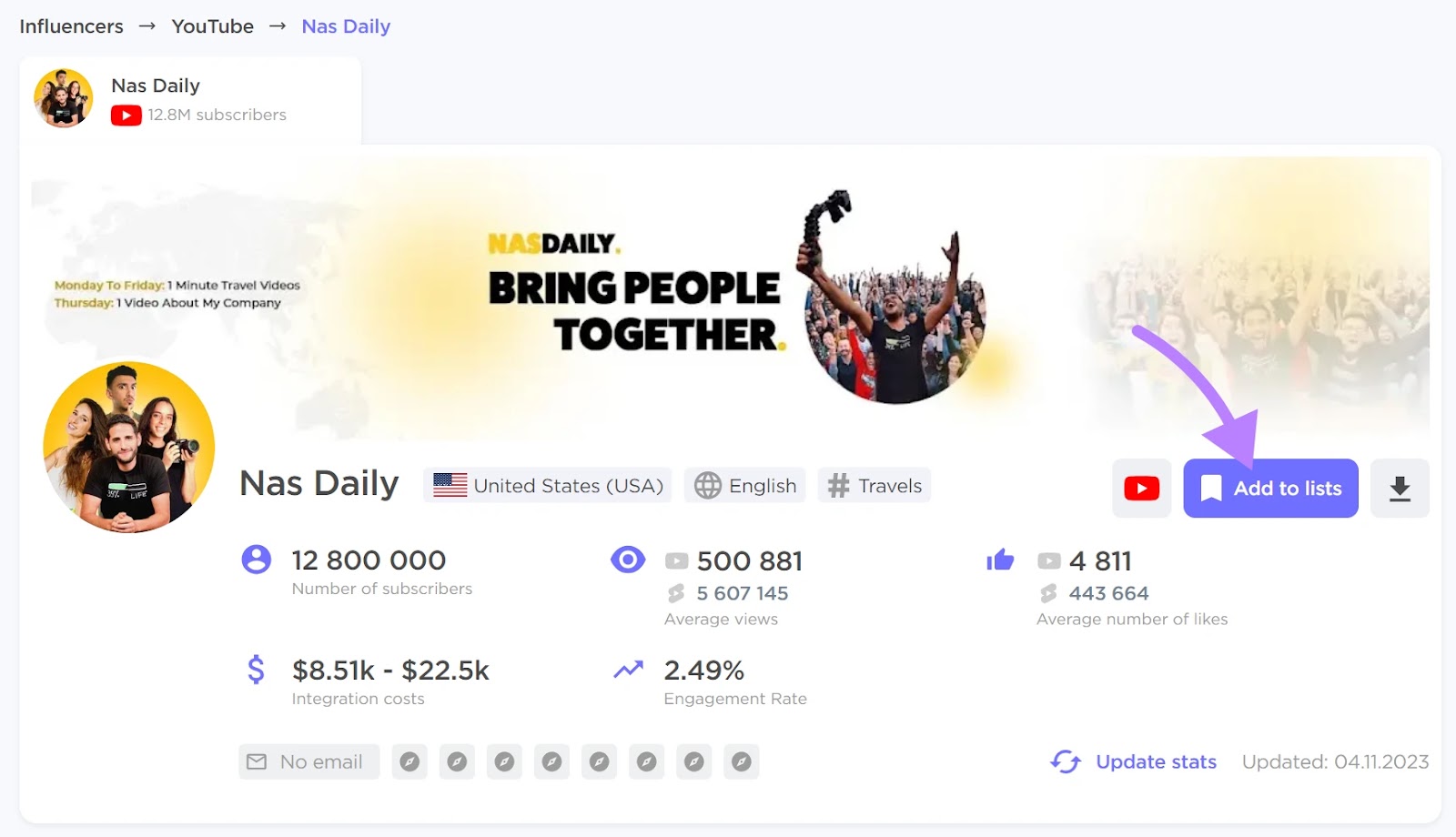 “Add to lists” button highlighted on Nas Daily influencer profile