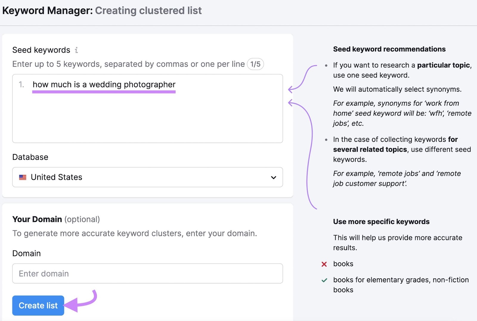 Creating clustered list for “how much is a wedding photographer" in Keyword Manager