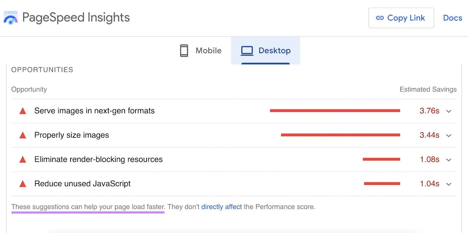 "Opportunities" section of PageSpeed Insights report