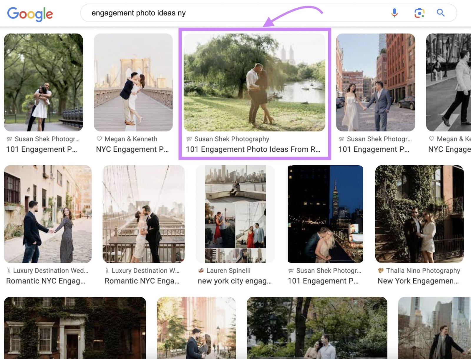 Susan Shek's article shows in Google "Images" for "engagement photo ideas ny" search