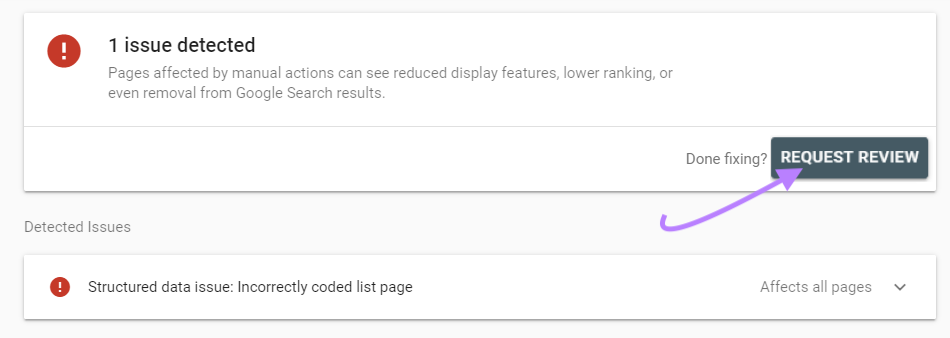 "Request review" button selected in the Manual Actions report