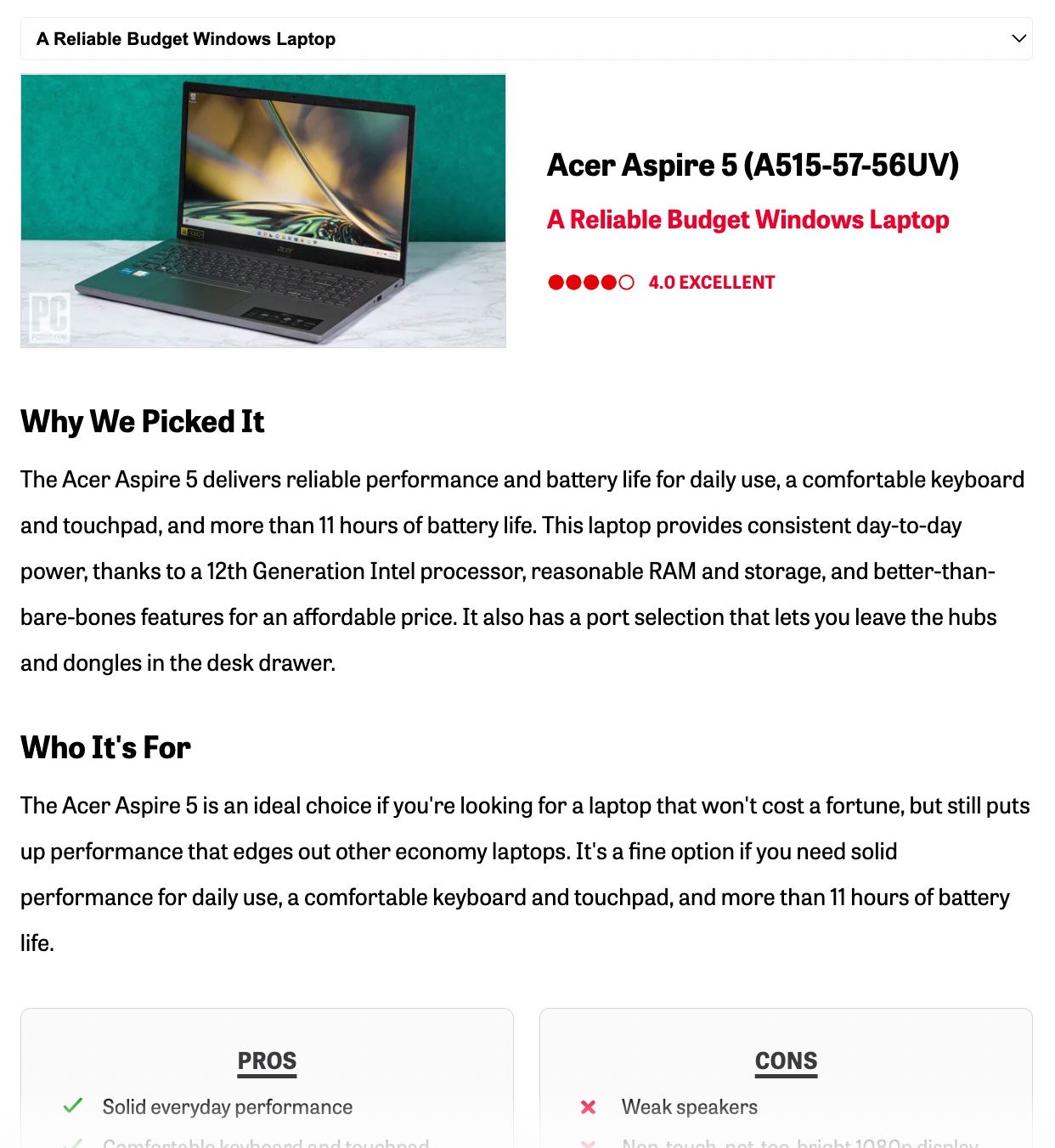 Article's section about "Acer Aspire 5" laptop