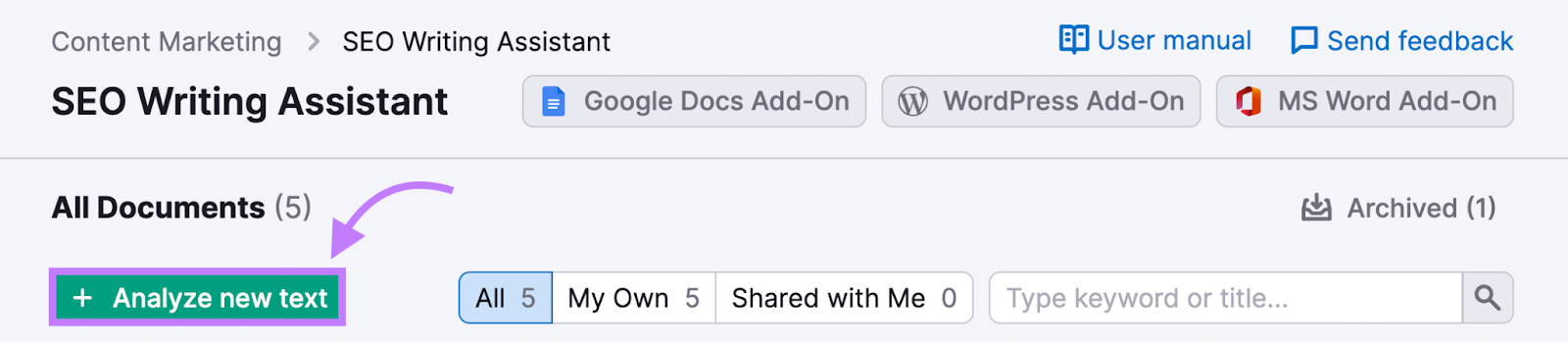 “Analyze my text" button selected under SEO Writing Assistant