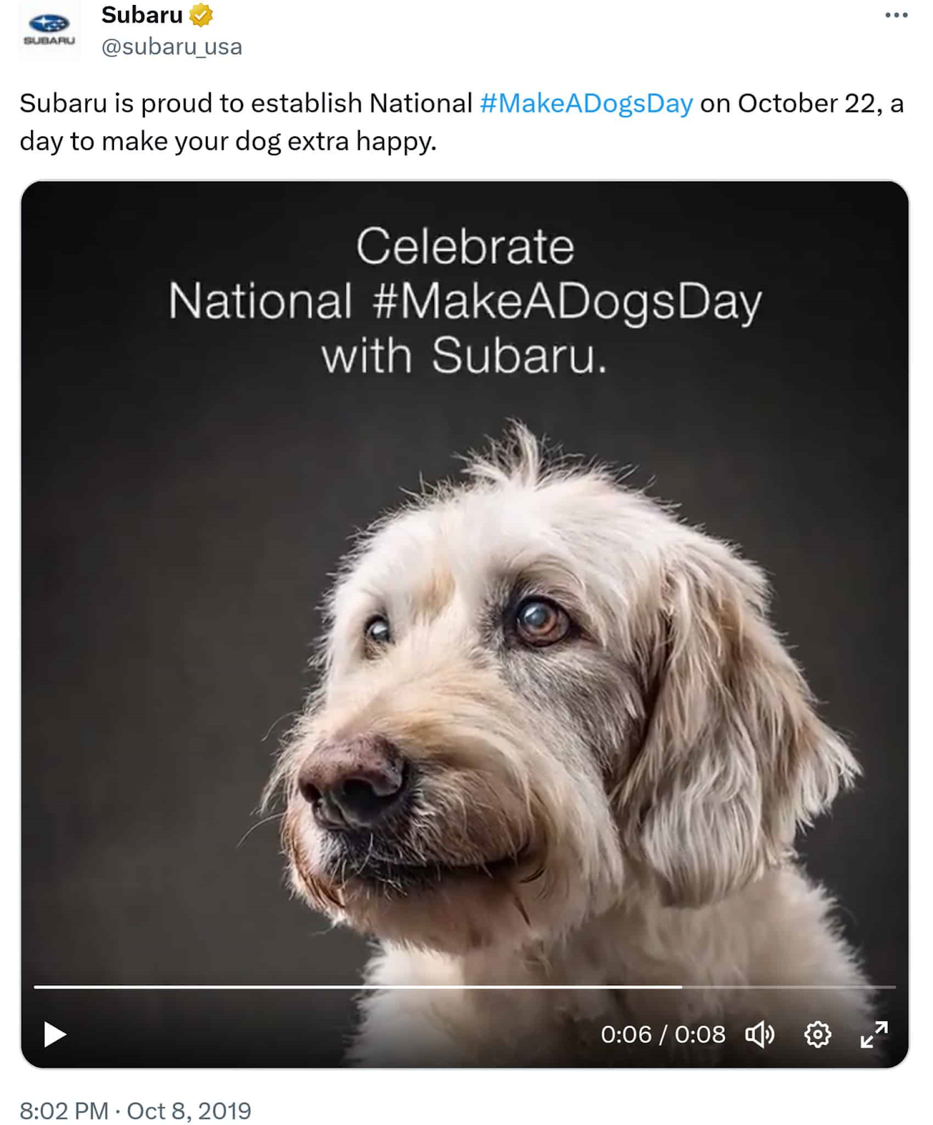 Subaru's ad inviting pet owners to celebrate National #MakeADogsDay with the brand