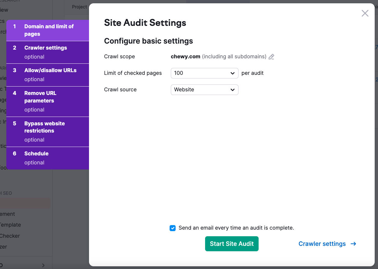 "Site Audit Settings" window