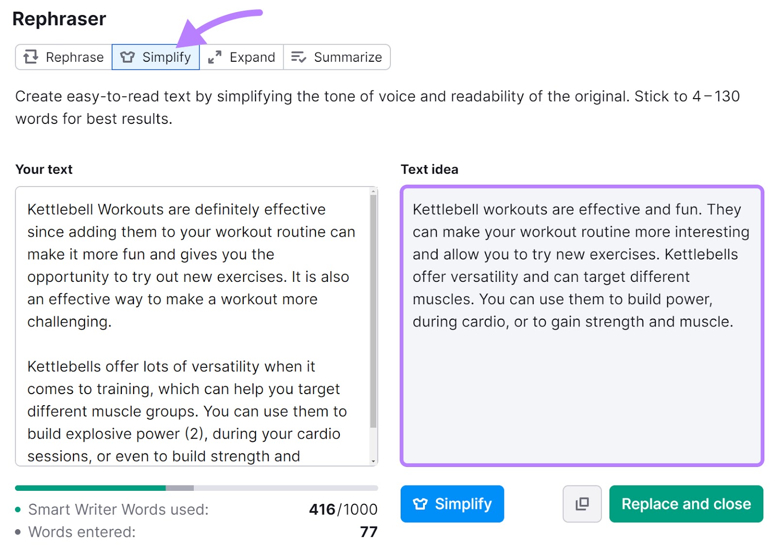 SEO Writing Assistant's "Simplify" feature
