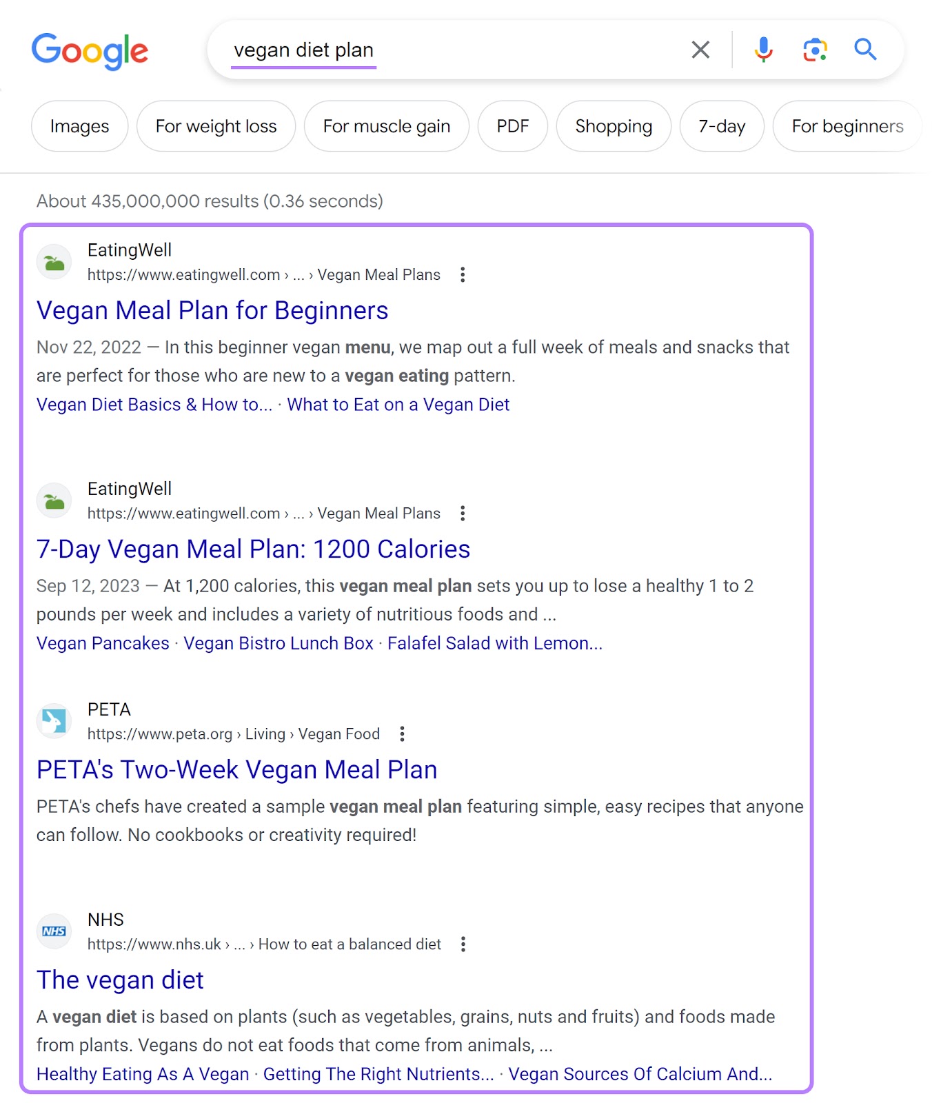 Google's SERP for “vegan diet plan” query