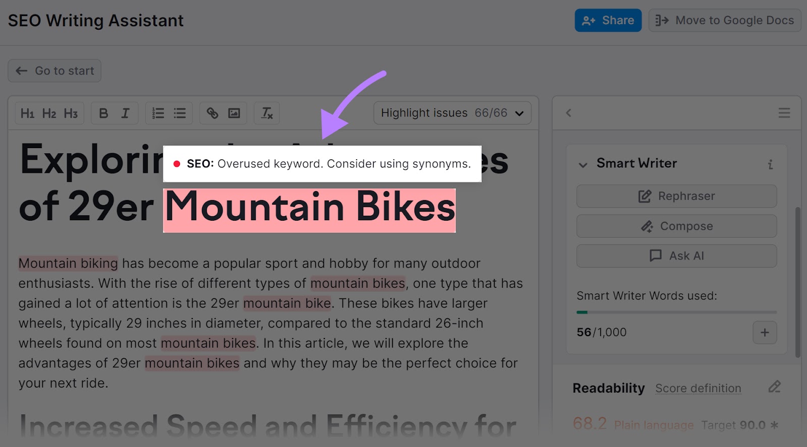"mountain bikes" keyword highlighted in SEO Writing Assistant