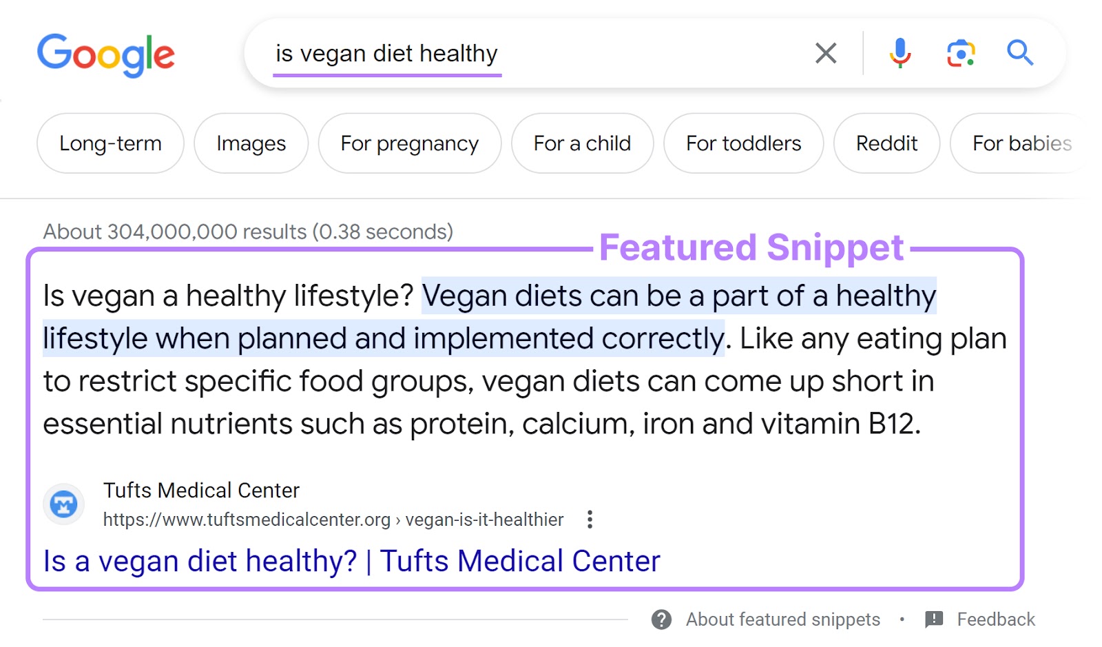Featured snippet on Google SERP for “is vegan diet healthy" search