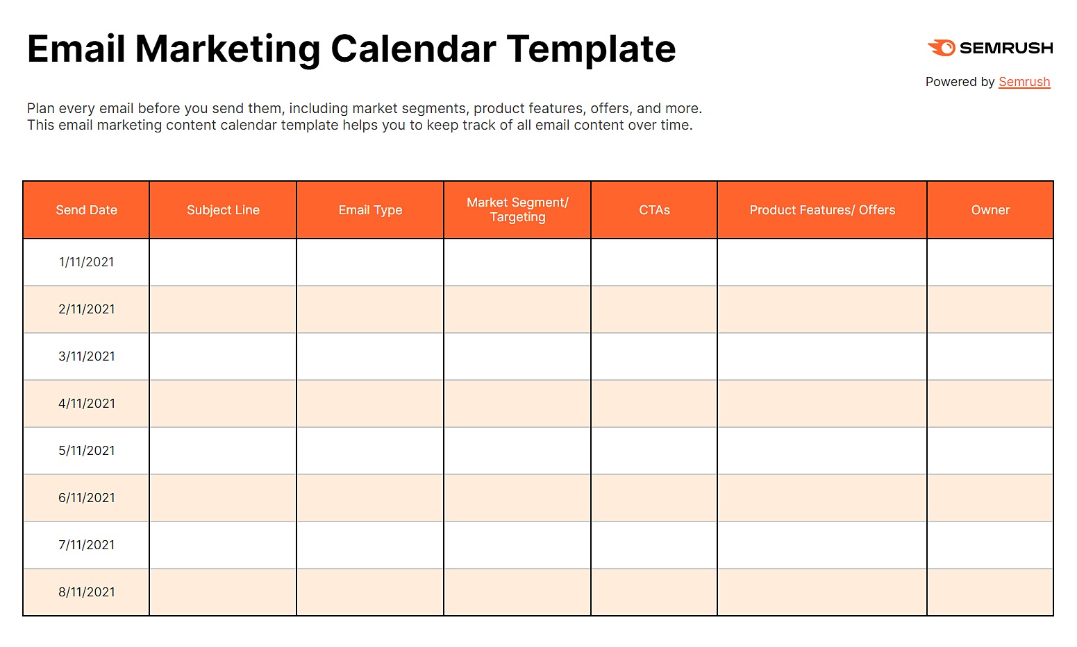 Email marketing calendar template by Semrush