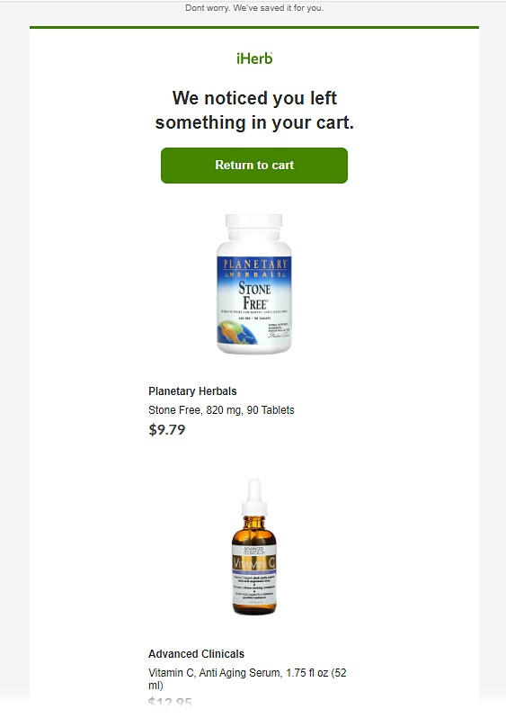 iHerb's email to a customer with an abandoned cart