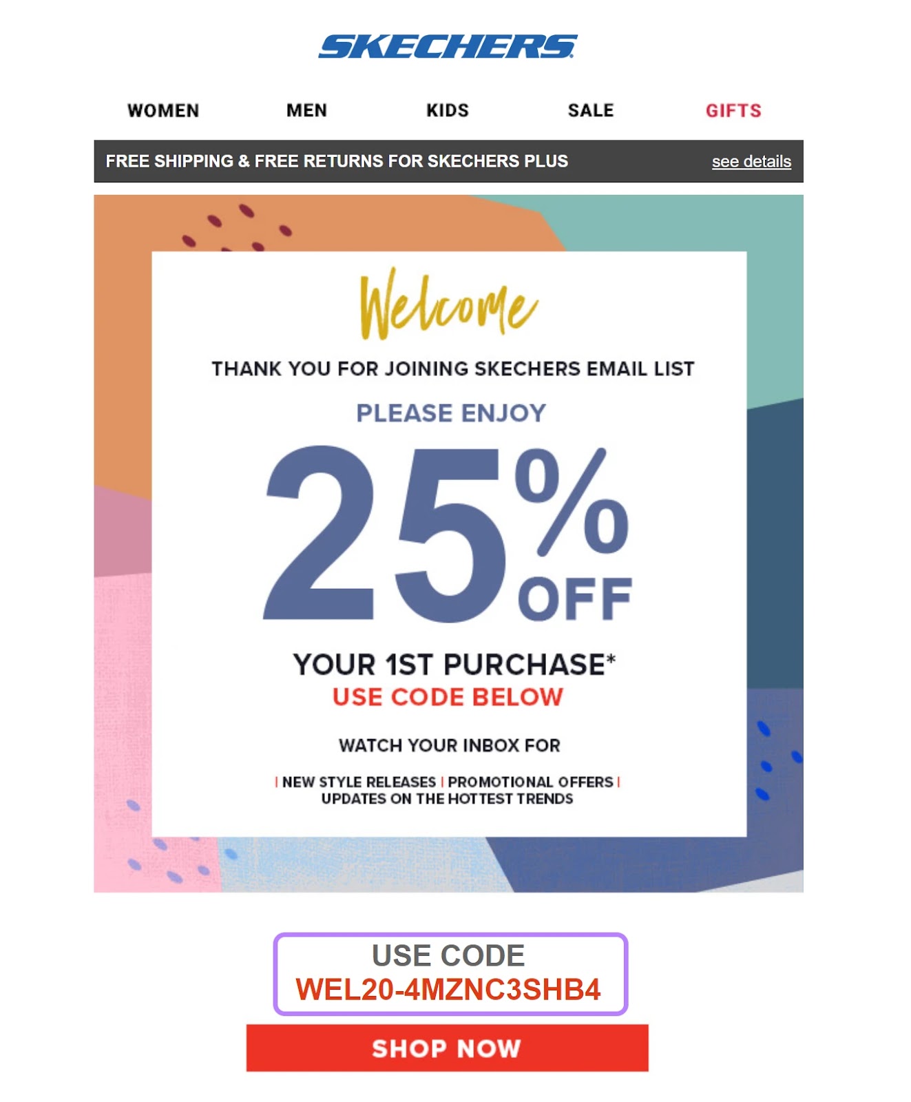 Skechers's email to a new customer with a 20% discount