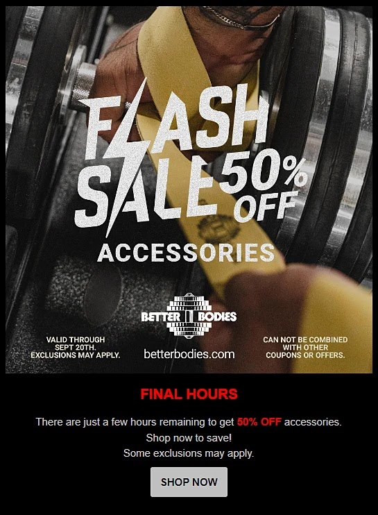Better Bodies's "flash sale 40% off accessories" email