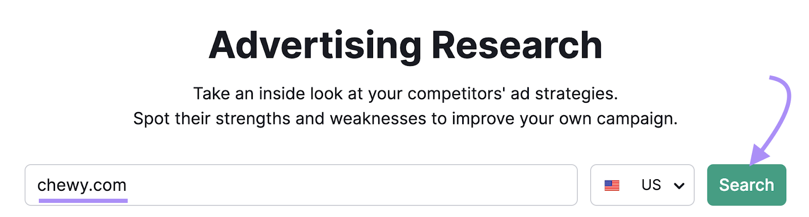 "chewy.com" entered into Advertising Research search bar