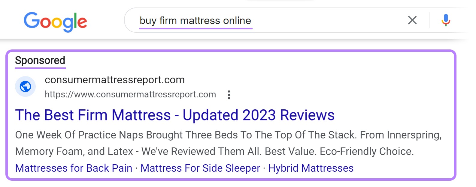 A search ad on Google for “buy firm mattress online” query