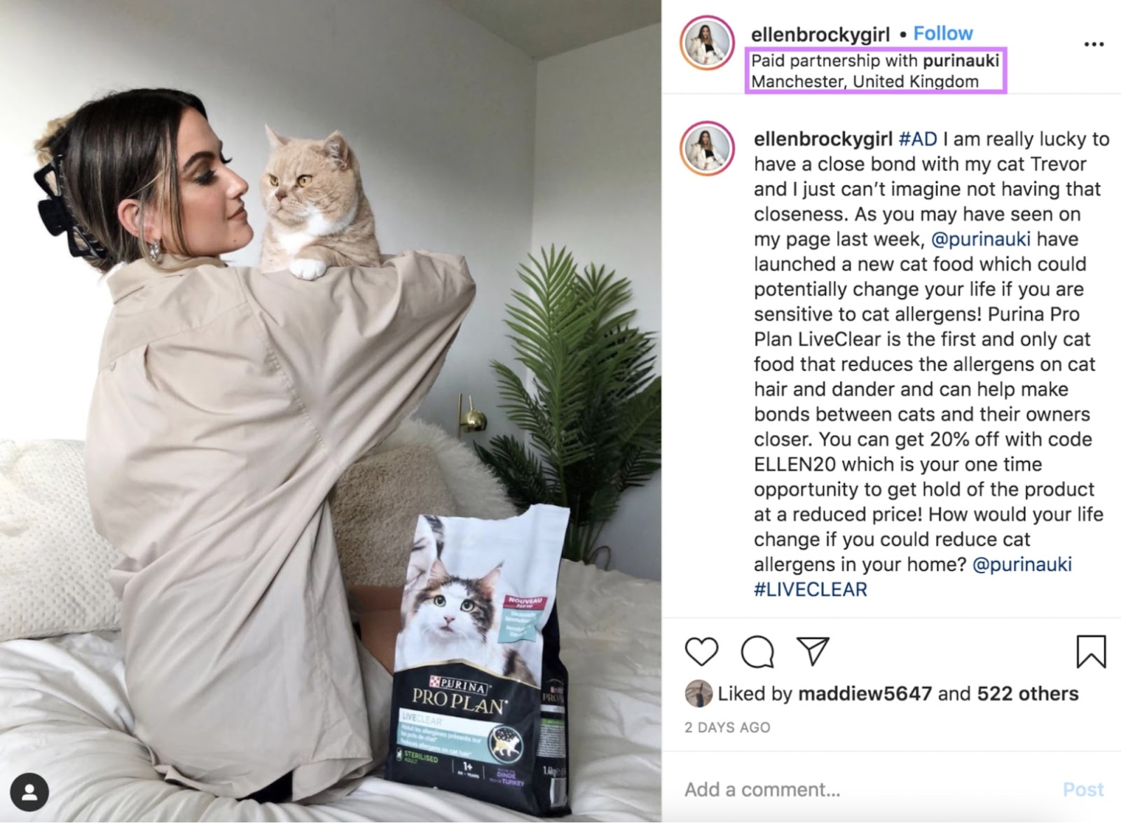 Ellen Brocky's Instagram post advertising Purina's cat food