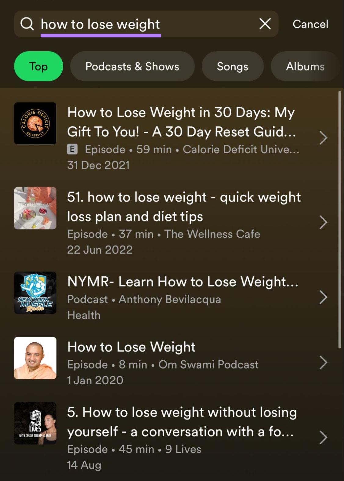 Spotify’s search result for the keyword “how to lose weight”
