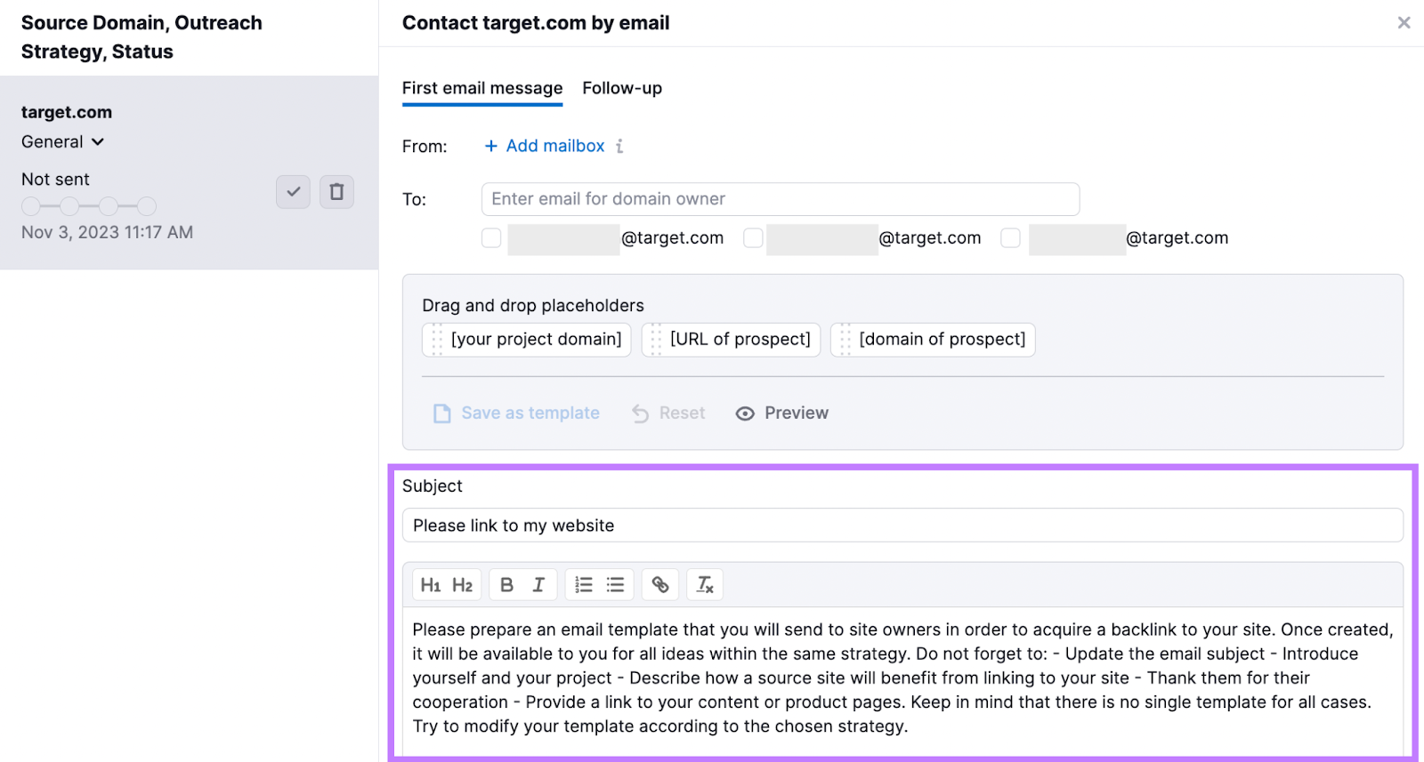 An email draft example in Link Building Tool