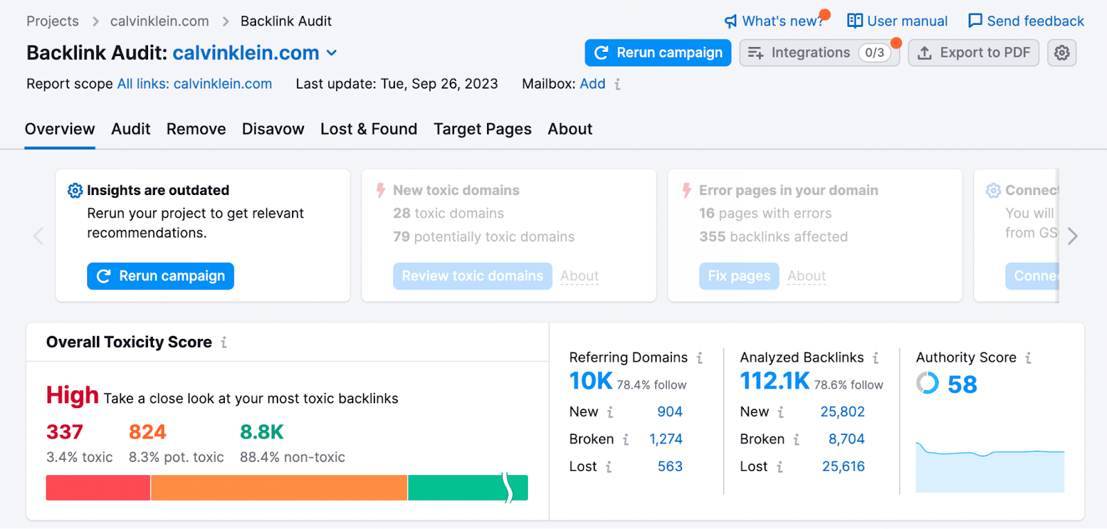 An overview dashboard in Backlink Audit tool