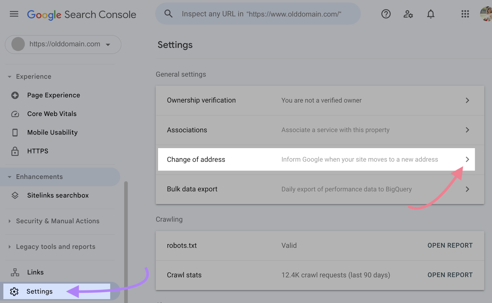 "Change of address" selected from Google Search Console Settings