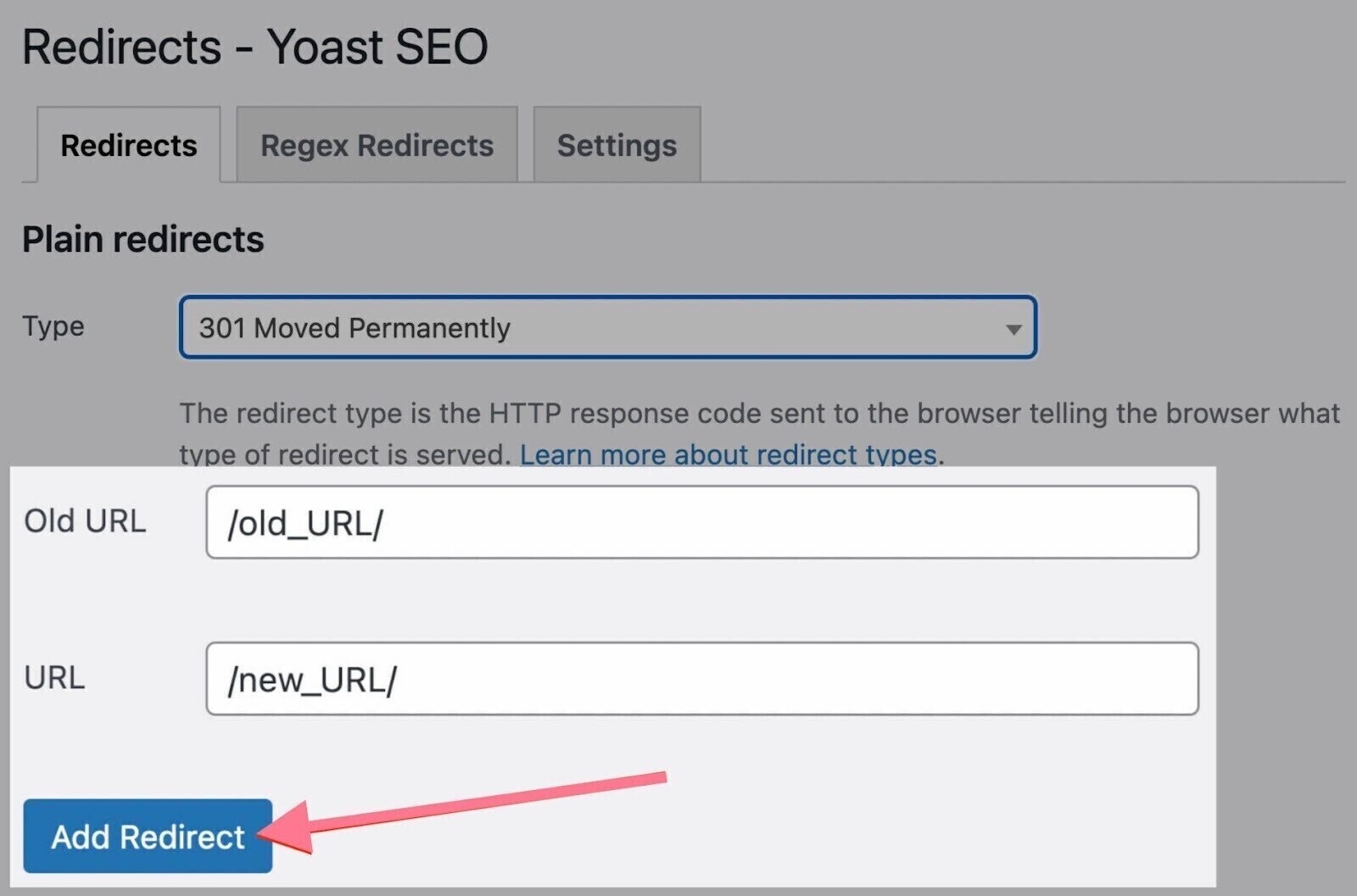 "Redirects - Yoast SEO” page