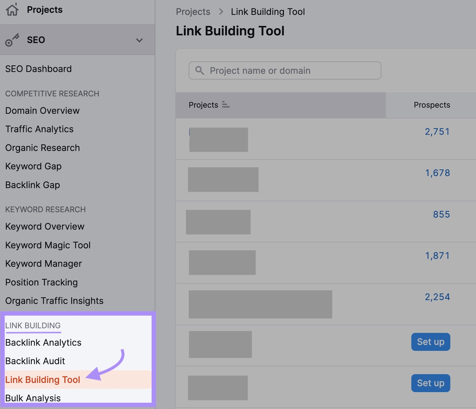 "Link Building Tool" selected from the Semrush menu