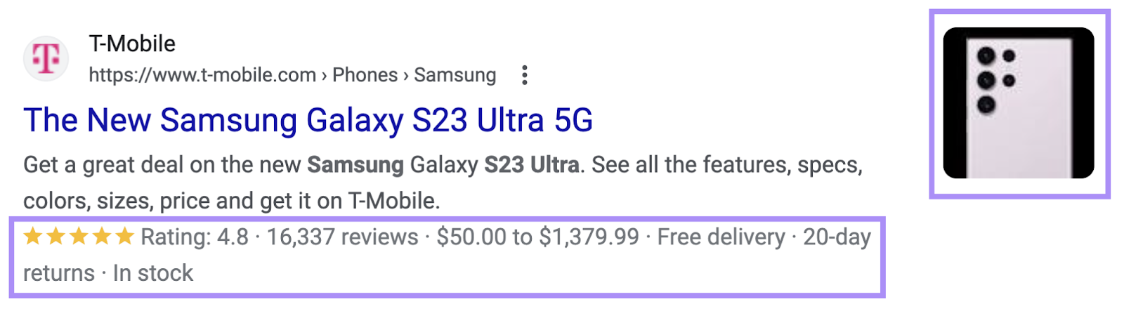 An example of rich results including rating, reviews, price, delivery, returns and stock information under T-Mobile's site for New Samsung Galaxy S23 Ultra 5G