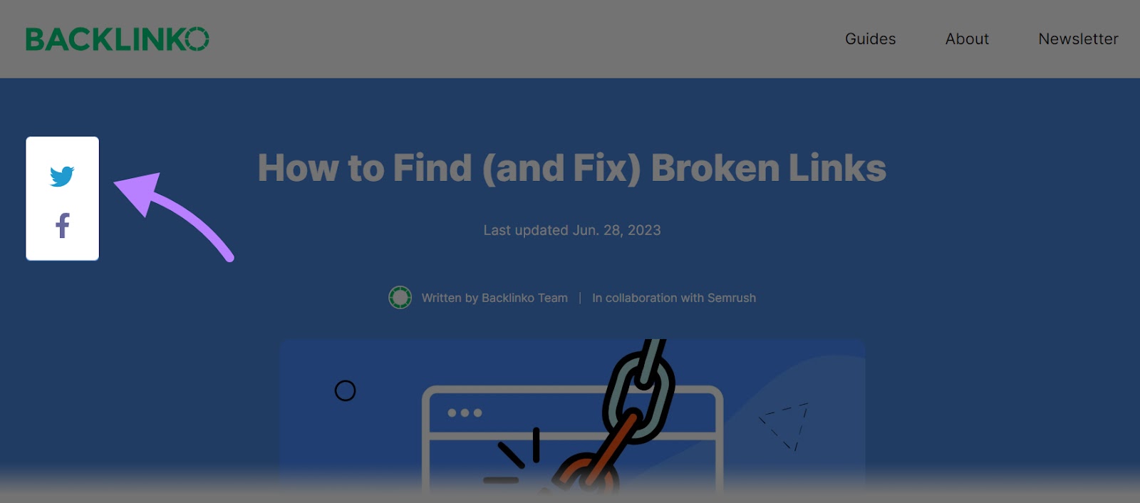 The social sharing buttons on the Backlinko blog for X (formerly Twitter) and Facebook