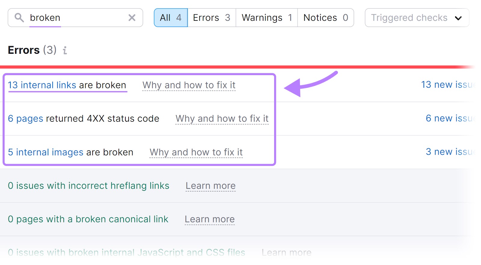 Results for "broken" errors under the "Issues" tab