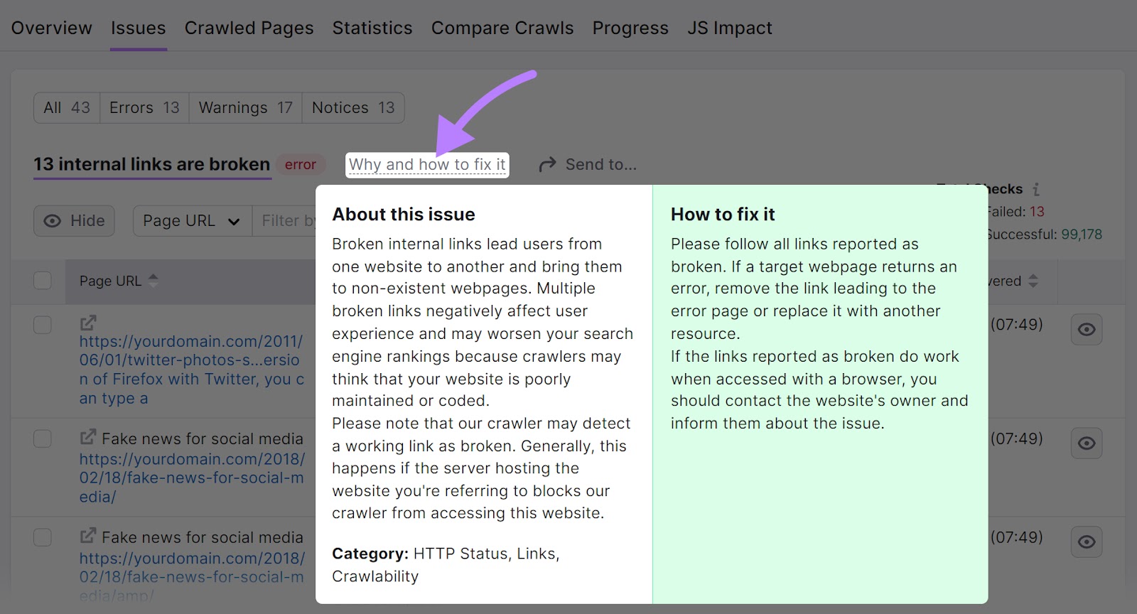 "Why and how to fix it" window for a broken internal link in Site Audit