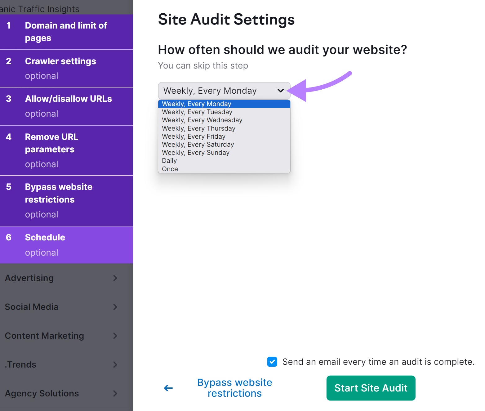 "Weekly, Every Monday" selected under "Schedule" drop-down menu in Site Audit Settings