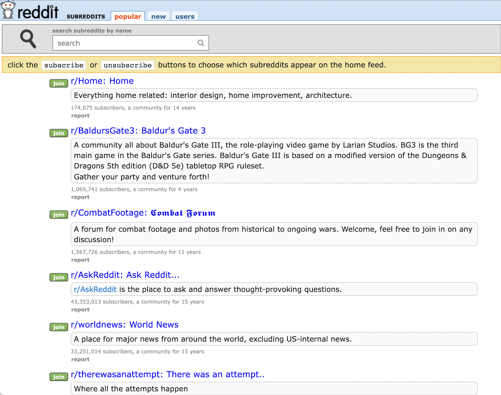 "popular" subreddits page