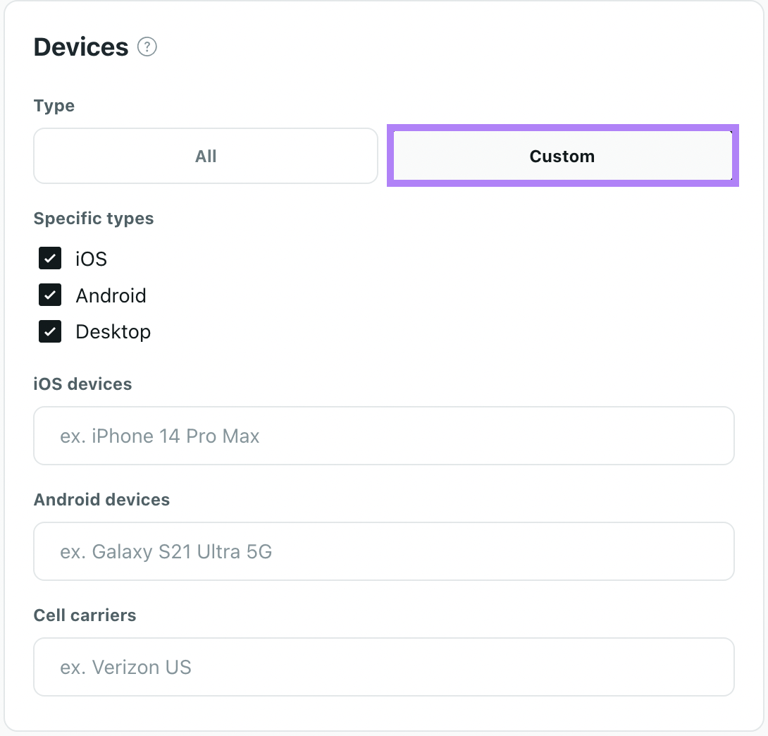 "Custom" tab selected under "Devices" section in Reddit Ads