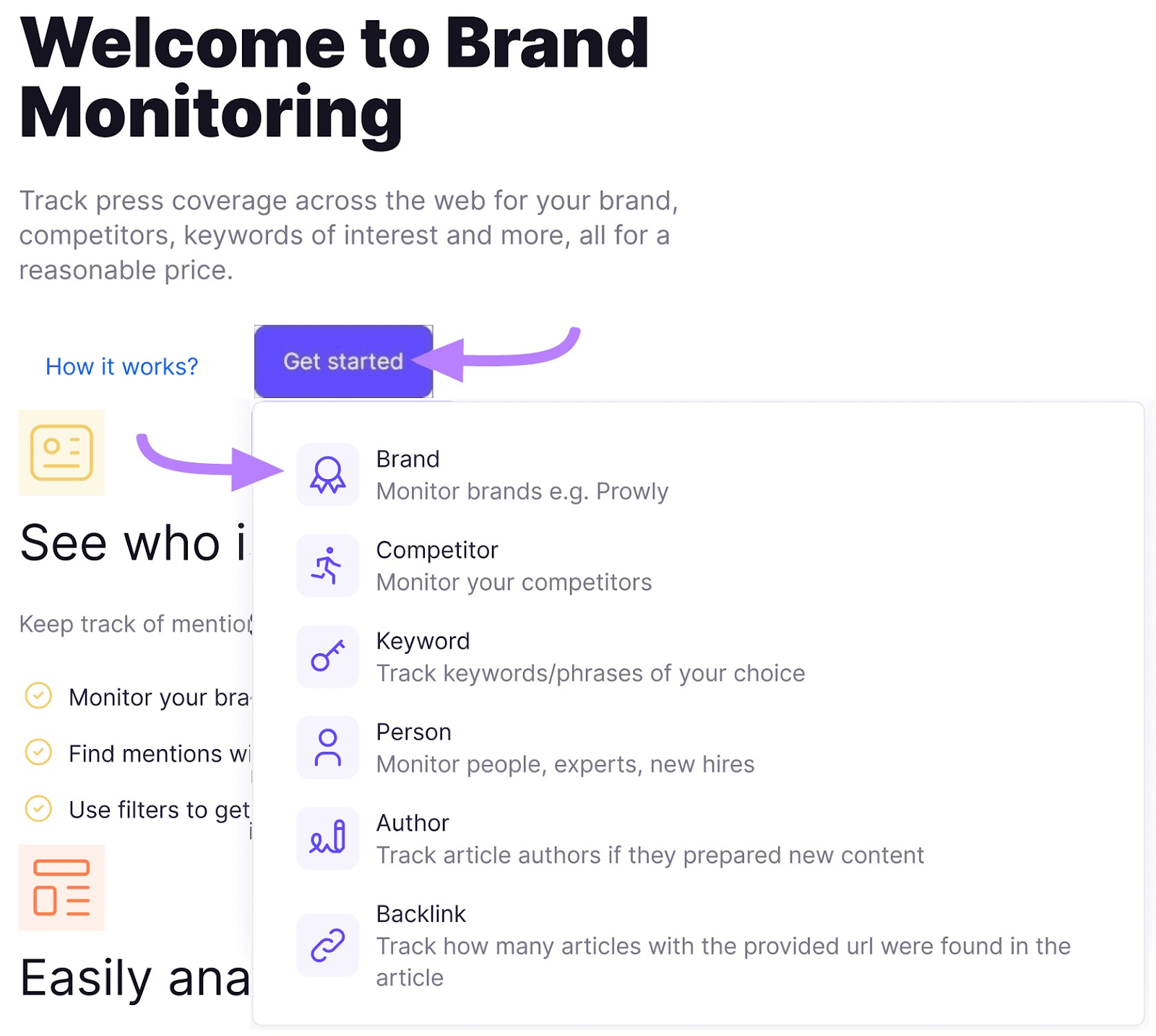 "Welcome to Brand Monitoring" page with "Get started" button drop-down menu
