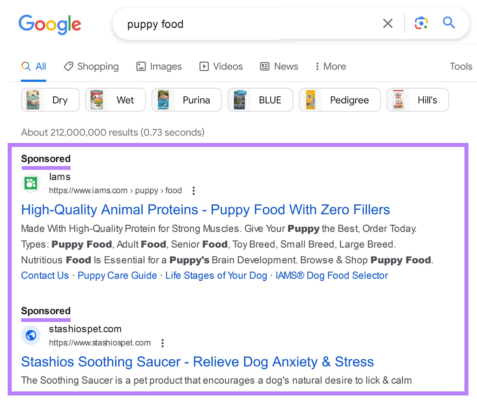 Google Ads for "puppy food" query appearing above search results