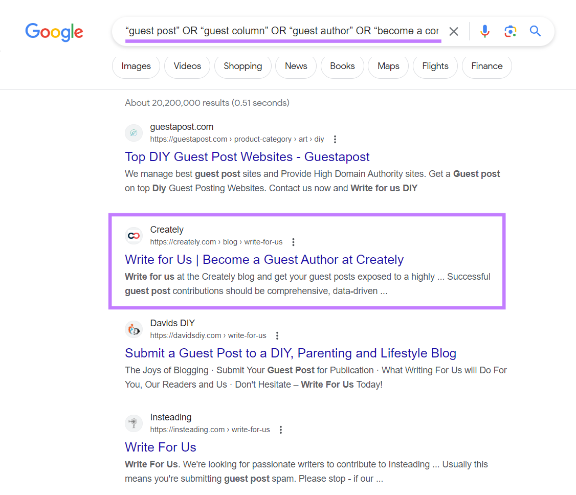 Google search results with Creately's "Write for Us" result highlighted