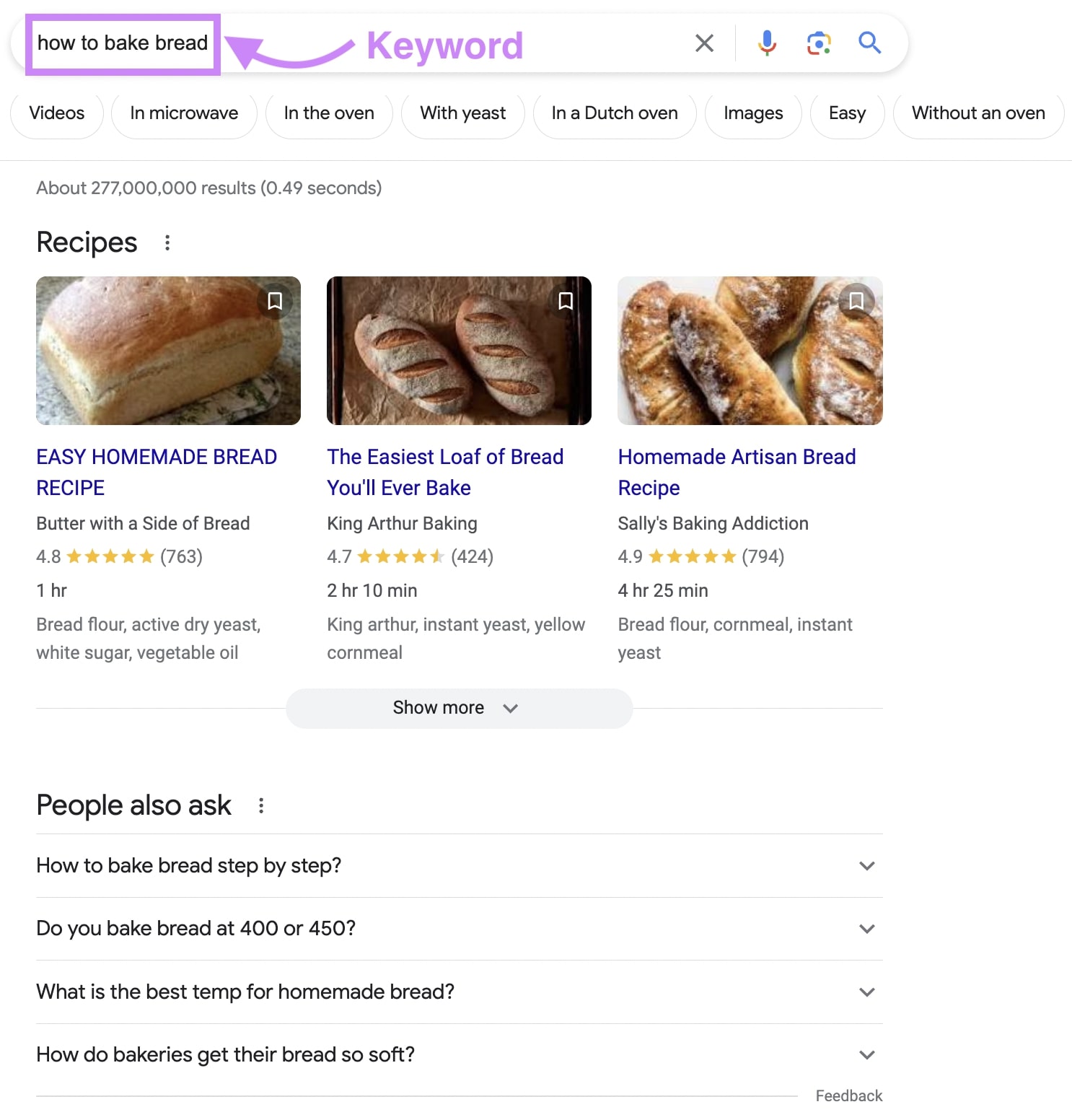 Google's SERP for ”how to bake bread” query