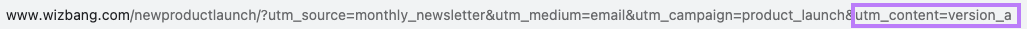 An URL example with "utm_content=version_a" utm parameter added