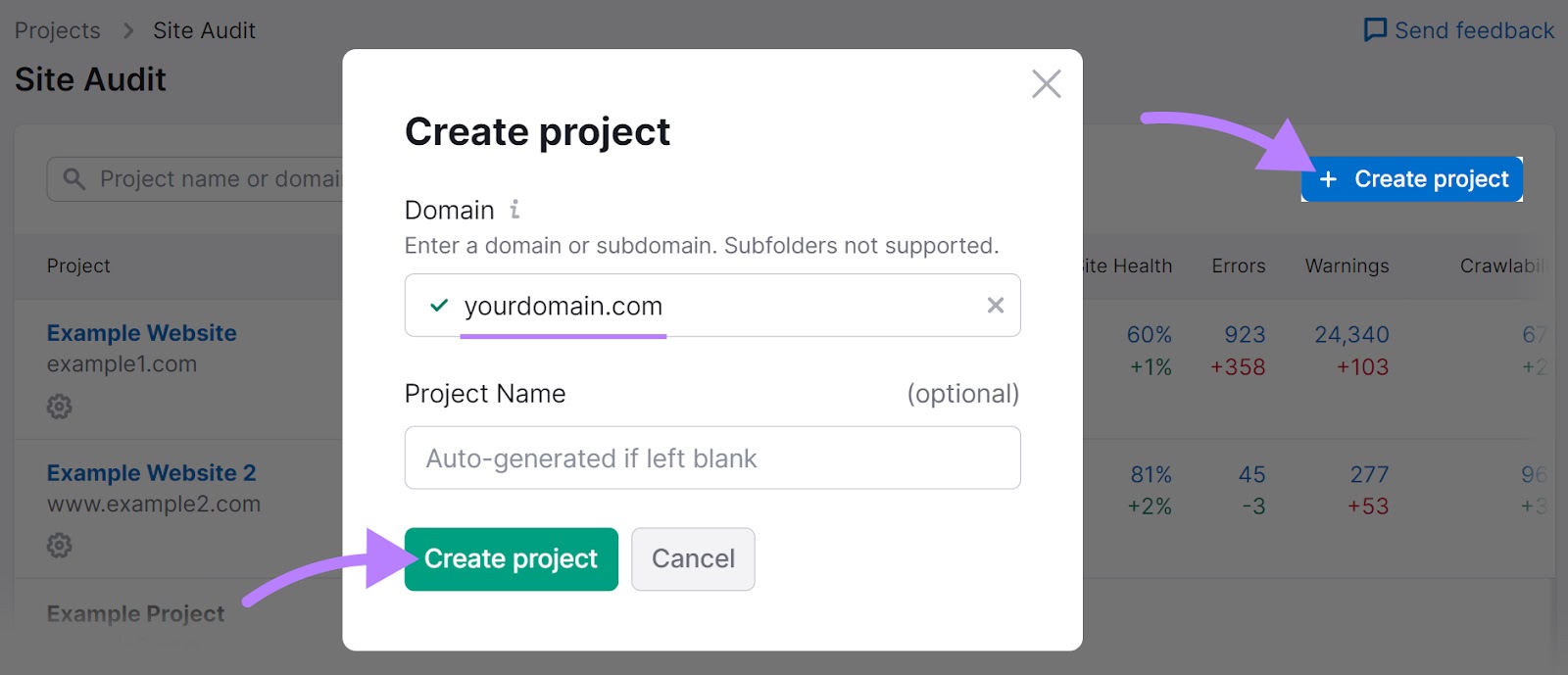 Create a project in the Site Audit tool