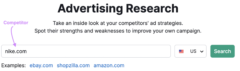 "nike.com" entered into Advertising Research tool search bar