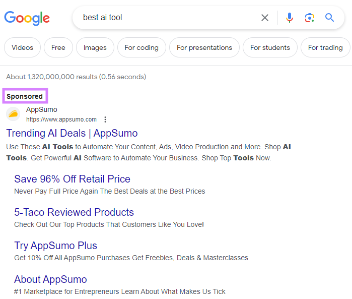 A Google search ad from AppSumo showing up for “best ai tool” query