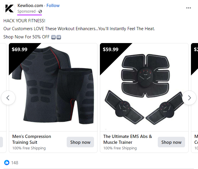 A Facebook ad for workout enhancement equipment from Kewlioo.com