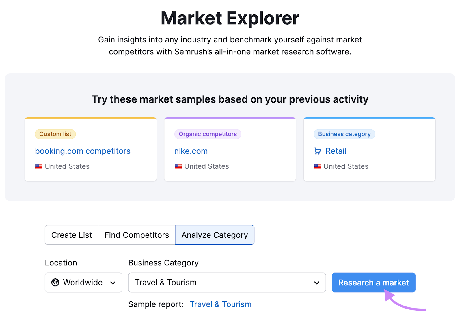 Semrush’s Market Explorer tool