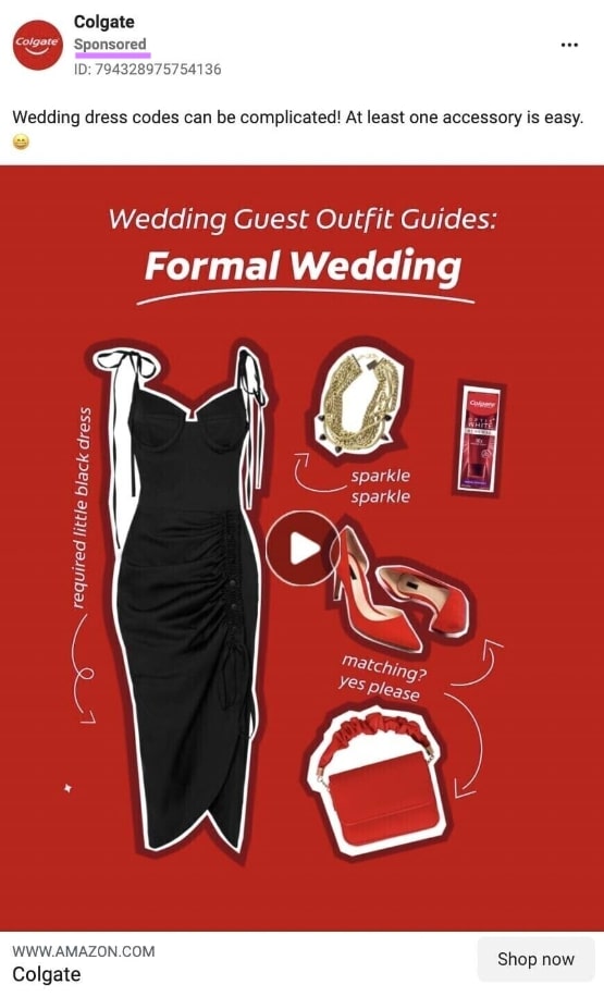 Ad ad from Colgate with "Wedding Guest Outfit Guides: Formal Wedding" copy