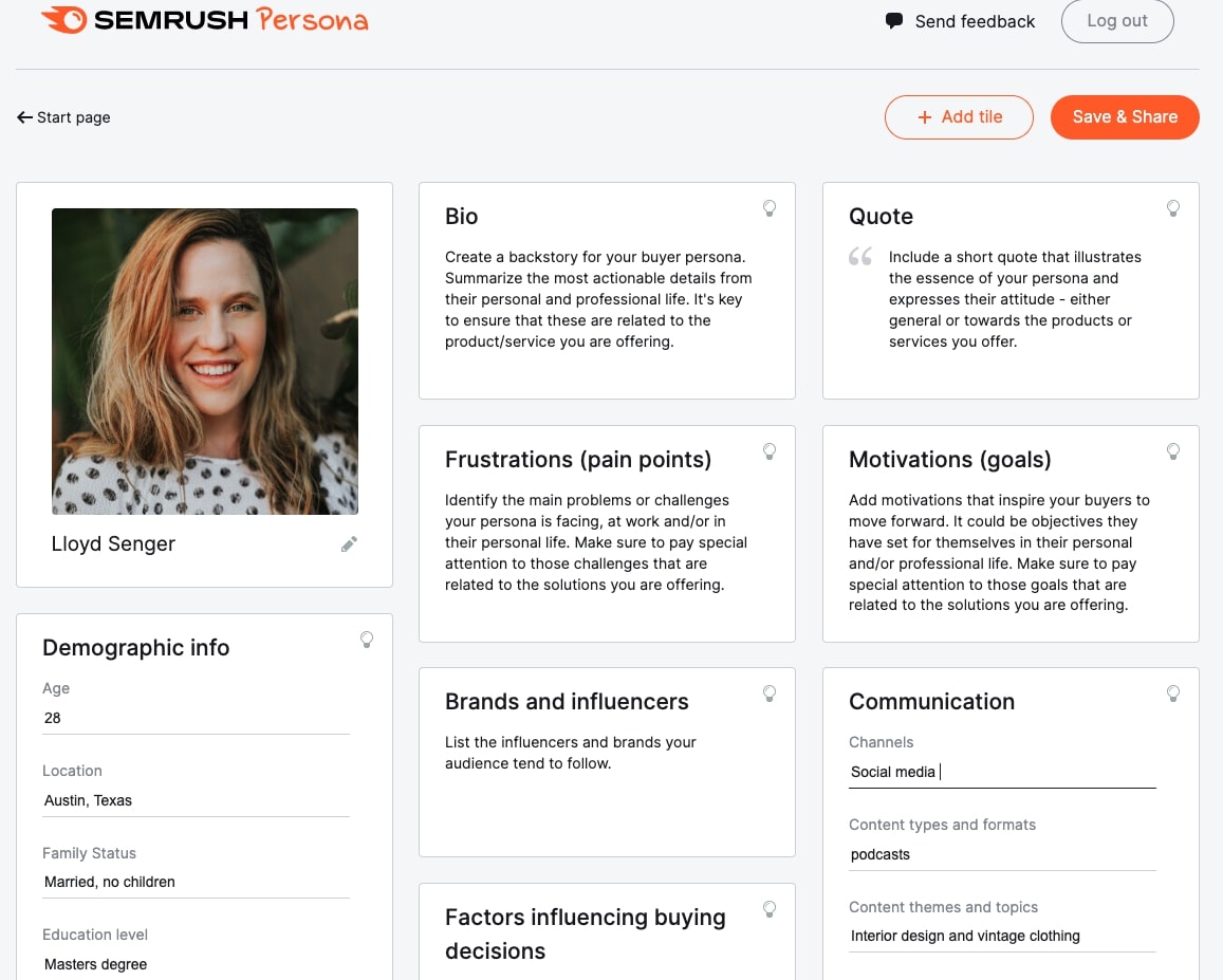 An example of a buyer persona build in Semrush Persona Tool